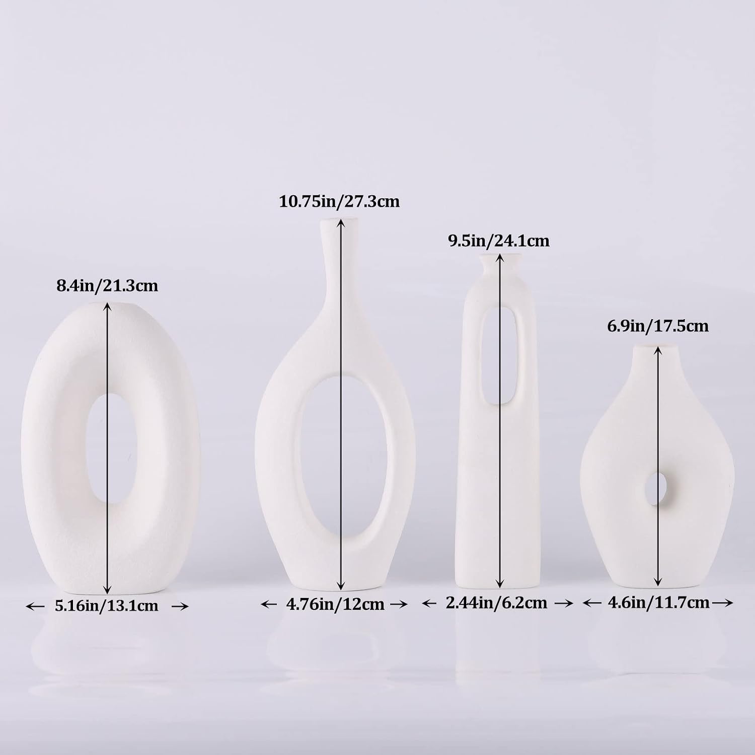 White Ceramic Vase Set of 4 - Round Hollow Boho Vases for Pampas Grass and Flowers Decor, Modern Minimalist Small Vases for Living Room, Bedroom, Fireplace, Coffee Table Decor and Centerpieces