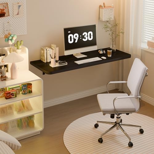 Dogsky Floating Wall Desk, 48" x 16" Wall Mounted Folding Table, Pine Wood Fold Down Wall Table, 300 lb Capacity Wall Mount Desk for Small Apartment, Laundry Room,Kitchen,Bar & Computer Use, Black