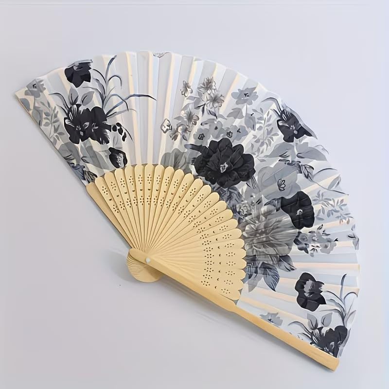 8.26x15.74Inches Handheld Folding Fan with Vintage Chinese Floral Patterns, Portable Collapsible Summer Fan, Unisex Traditional Style, Dance Performance Prop, Pocket-Sized Easy to Carry,White