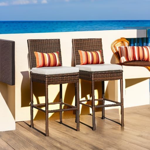 Sundale Outdoor Bar Stools 30 Inch Seat Height Set of 2, Patio Wicker Counter Stools with Back Rest, High Brown Rattan Chair with Pillow & Beige Cushion, All-Weather Armless Tall Pub Barstool