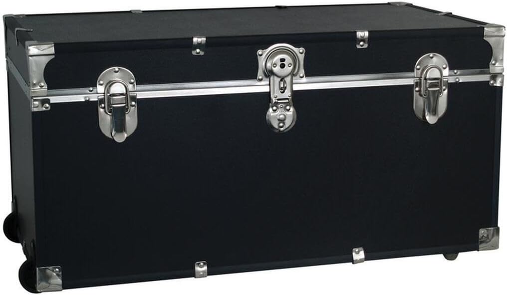 HomeStock Seaside Style Heavy Duty 31" Under Bed College Storage Trunk with Wheels & Lock, Latch Closure Type, 30" L x 8.25" W x 18.25" H, Ideal Camp Dorm Room Trunk Footlocker Black