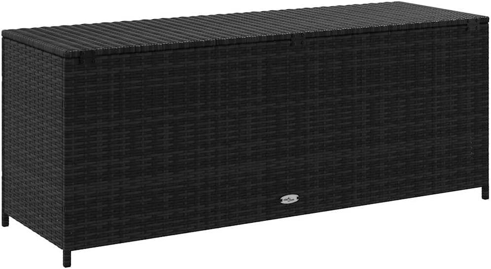 PE Rattan Outdoor Storage Bench, Black, 59.1x23.6x23.6 in. Durable Steel Frame Wicker Container for Patio, Seats Two