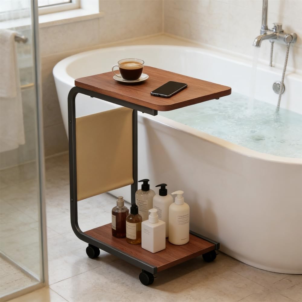 Side Table - C-Shaped End Table, Small Side Table for Couch, Sofa Bed Bathroom Study TV Tray C Shaped End Table Food Snack Trays for Eating (with Wheels)