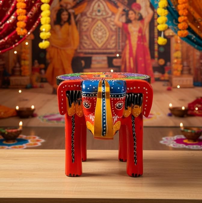 End Table, Handmade Wooden Elephant Side Table, Small Round End Table, Nightstand with Tapered Legs, for Small Spaces, Living Room, Bedroom, Wooden Stools (Red)