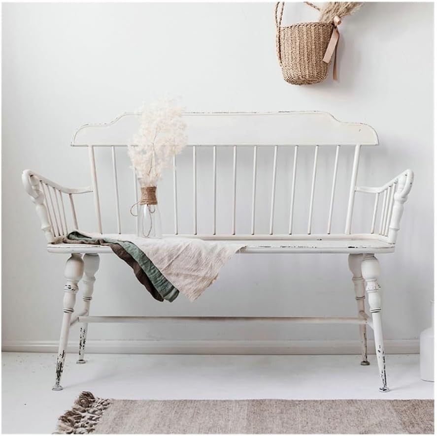 Outdoor Bench, Rustic Shabby White Outdoor Bench with Backrest, 47.2" Retro Iron Garden Bench, 2 People Leisure Seats for Park Patio Yard Porth Garden Bench