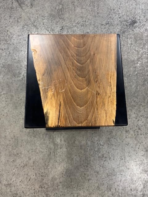 Handcrafted Walnut and Black Epoxy C-Table, Live-Edge Solid Walnut Top, Steel Base, 18x12x25 Inch, Industrial Style