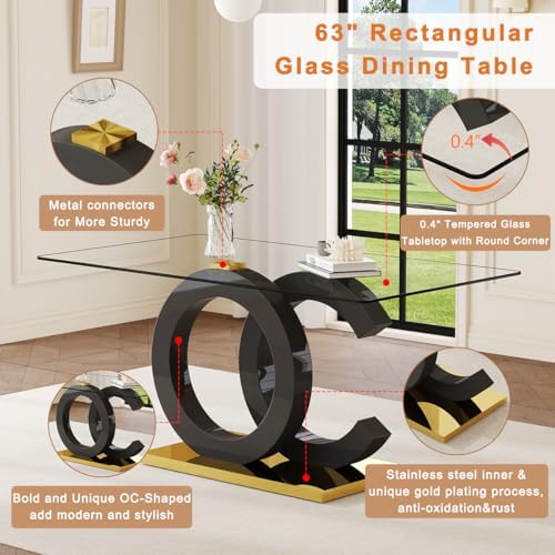 Ebullient Glass Dining Table Set for 6, 63" Modern Kitchen Table with 6 Black Velvet Upholstered Chairs, Tempered Glass Top, Gold Metal Base, 7 Piece Rectangular Dining Room Furniture