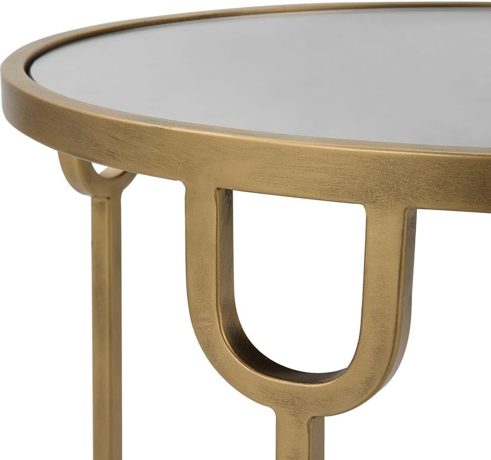 Two Tier Round Accent Table Antique Gold Iron Frame Mirrored Top Tempered Glass Shelf Modern Side Table Living Room Bedroom End Table Decorative Furniture