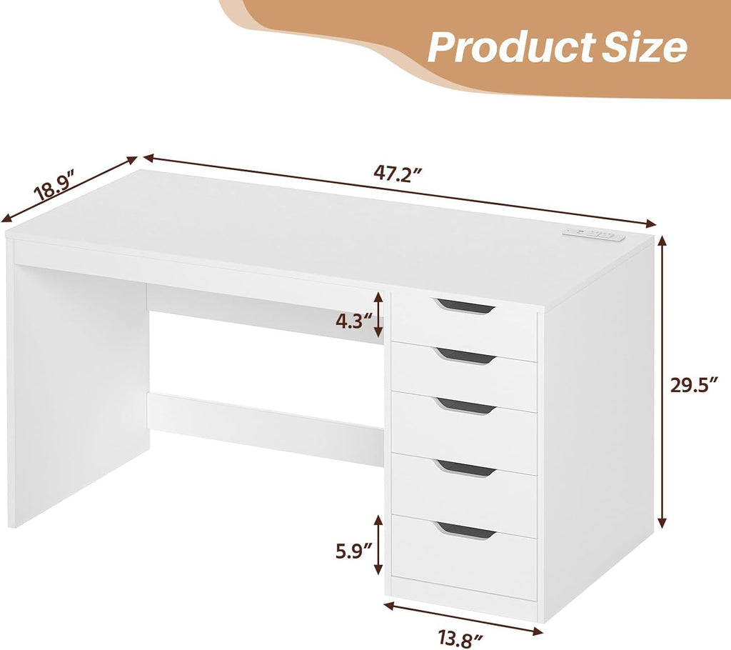 YOMILUVE 47 Inch Computer Desk with 5 Drawers and Power Outlets, Home Office Desks with Storage File Cabinet, Modern Simple Laptop Desk Writing Table for Small Spaces, White