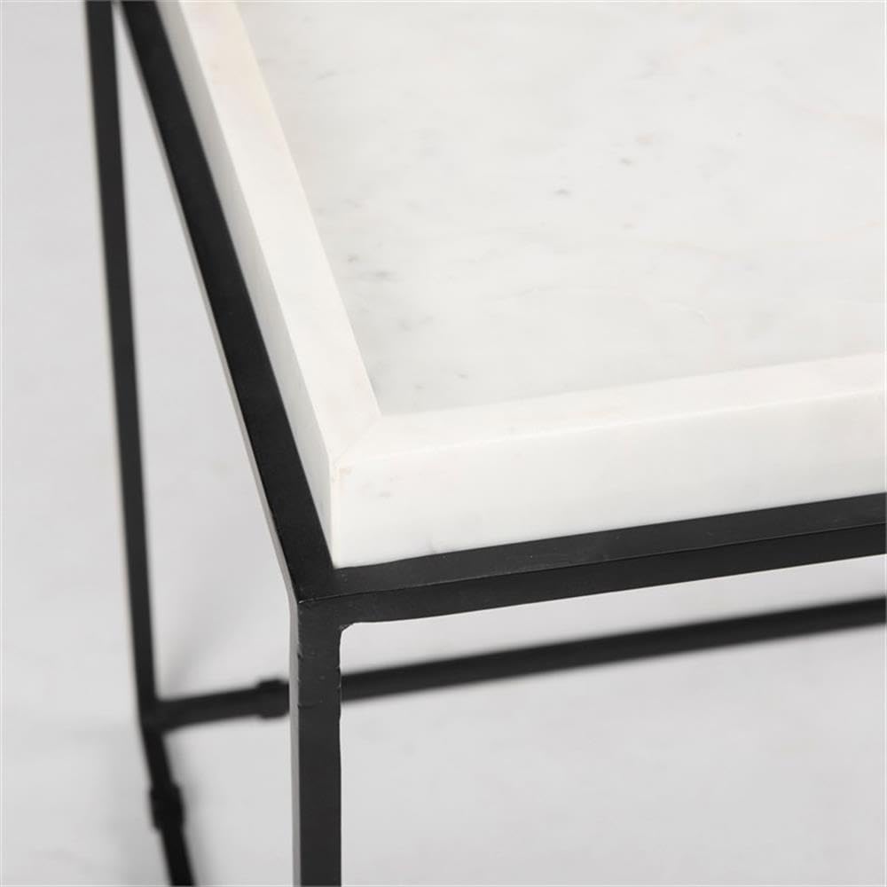 Pemberly Row Square White Marble and Black Metal End Table, 18 in x 18 in x 20 in, Raised Edges, Matte Black Base, Elegant Side Table for Living Room or Bedroom Decor