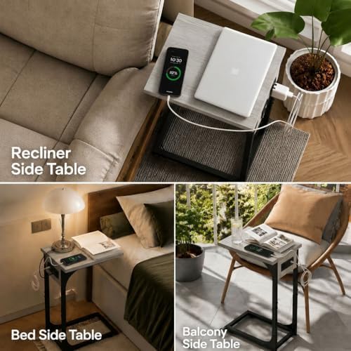 TEMI C Shaped End Table for Couch with Charging Station, Small Side Table TV Tray for Eating or Laptop, Accent Desk for Sofa or Chair, Space Saving Living Room Bedroom, Greige