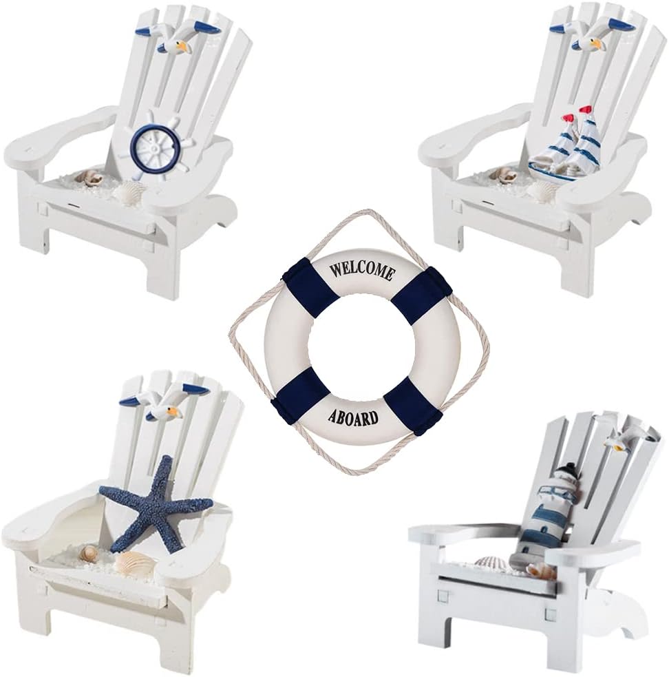4 Pieces Wooden Adirondack Miniature Chair Ornaments with Nautical Life Ring for Coastal, Ocean, Beach Office Home Decoration Favor