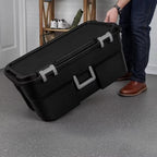 22 Gallon Heavy Duty Plastic Wheeled Footlocker Storage Trunk, Lockable with Wheels and Handle, Black, for Garages, Basements, Attics, College Dorms, or Camping Trips