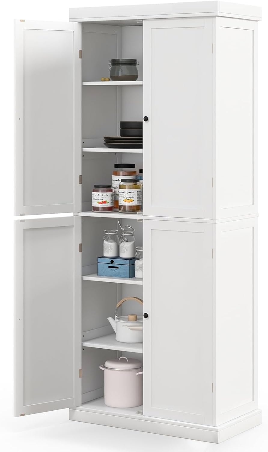 LOKO 4 Door Kitchen Pantry Cabinet, Freestanding Storage Cabinet with Adjustable Shelve, 72.5” Tall Buffet Cabinet for Dining Room, Living Room, Laundry, Home Office (White)