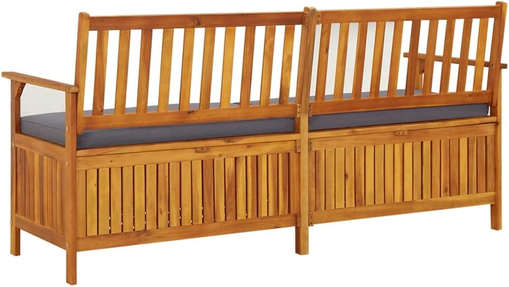 Patio Wood Storage Bench with Seat Cushion, Outdoor Wooden Storage Bench with Comfort Backrest for Porch Backyard Poolside, -776