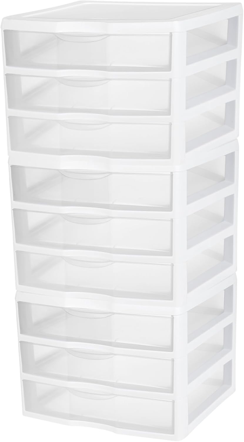 Sterilite 3-Pack Wide 3 Drawer Unit, Plastic Desktop Organizer with Clear Drawers, White Frame - Stackable Multi-Purpose Storage for Office Supplies, Craft Rooms, Classrooms and Home Organization