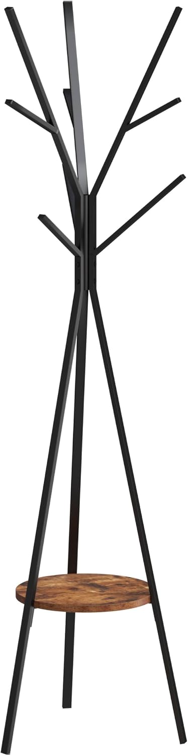 HOME BI Coat Rack, Coat Hanger Stand with Shelves, Freestanding Hall Tree, Metal Hat Hanger with 9 Hooks for Clothes Hats and Scarves, Black and Rustic Brown(Black+Rustic Brown)