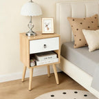 Mid-Century Modern Nightstand with Drawer and Open Shelf, Bedside Table with Solid Wood Legs and Adjustable Feet, Linen-Textured Side Table for Bedroom and Living Room, Oak & White (1 Pack)