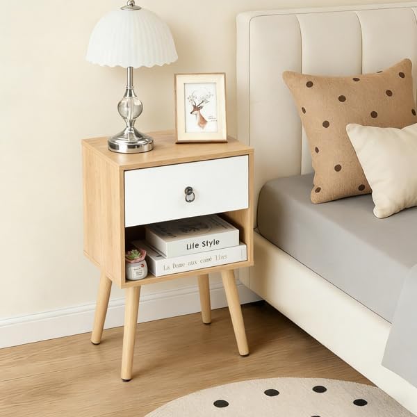 Mid-Century Modern Nightstand with Drawer and Open Shelf, Bedside Table with Solid Wood Legs and Adjustable Feet, Linen-Textured Side Table for Bedroom and Living Room, Oak & White (1 Pack)
