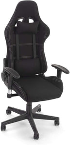 Displays2go Racing Style Gaming Chair for Office and Home Desk, Ergonomic Adjustments and Lumbar Support Pillow, Fabric Seat - Black (FDGAMECHGY)