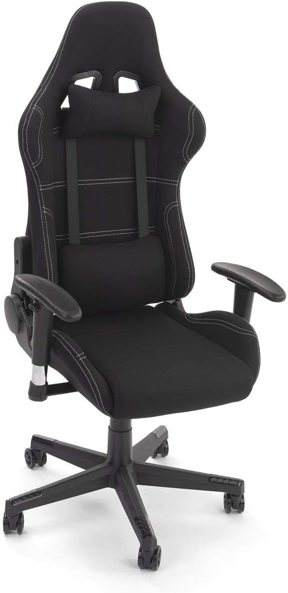 Displays2go Racing Style Gaming Chair for Office and Home Desk, Ergonomic Adjustments and Lumbar Support Pillow, Fabric Seat - Black (FDGAMECHGY)