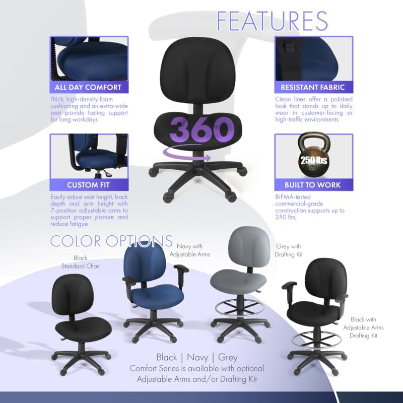 Romig Comfort Series Swivel Fabric Computer Task Chair - Armless - Black