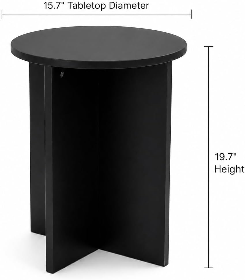 Black Round Side Table, Solid Rubber Wood Small End Table, 15.7" D | 19.7"H accent table for living room, bedroom, small spaces, sofa side or bedside; compact round top with stable cross base