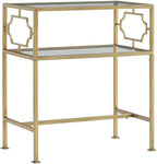 Pemberly Row Rectangular Accent Table, Antique Gold Metal Frame and Clear Tempered Glass, 23.38" W x 13.38" D x 26" H, 2-Tier Design with H-Style Stretcher, Modern Table for Living Room or Entryway