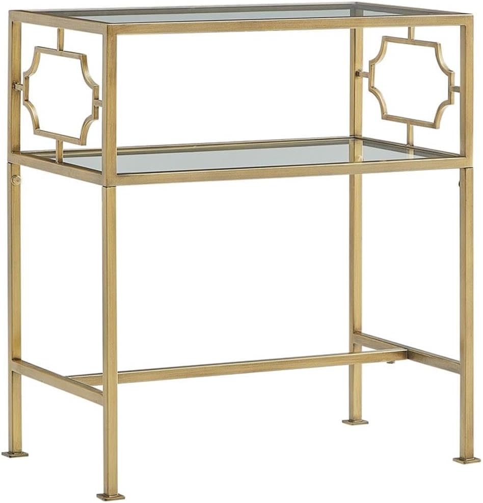 Pemberly Row Rectangular Accent Table, Antique Gold Metal Frame and Clear Tempered Glass, 23.38" W x 13.38" D x 26" H, 2-Tier Design with H-Style Stretcher, Modern Table for Living Room or Entryway