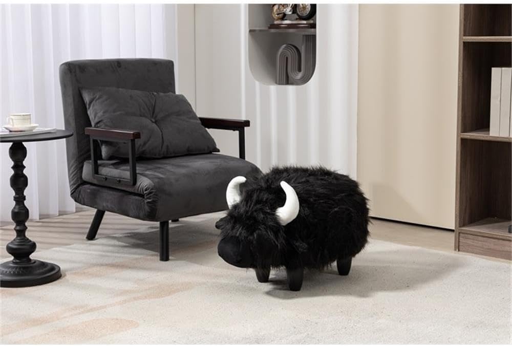Pemberly Row Harry the Cow Storage Ottoman, Black Faux Fur Upholstery, Wood Frame, Hidden Storage, 14.96" W x 24.8" D x 14.56" H, Kids' Room, Playroom, or Living Room Furniture