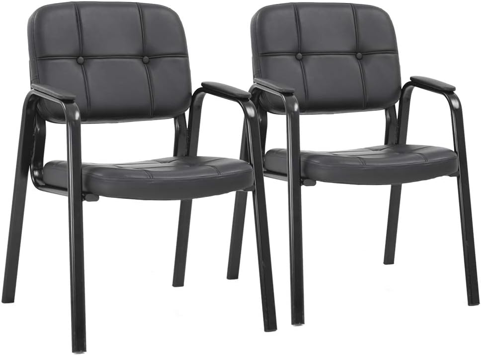 BestOffice Office Guest Chairs Set of 2 Reception Chairs Conference Chairs with Arms Lumbar Support Stack Cushion Seat Meeting Chair PU Leather Office Chair Without Wheels (Black)