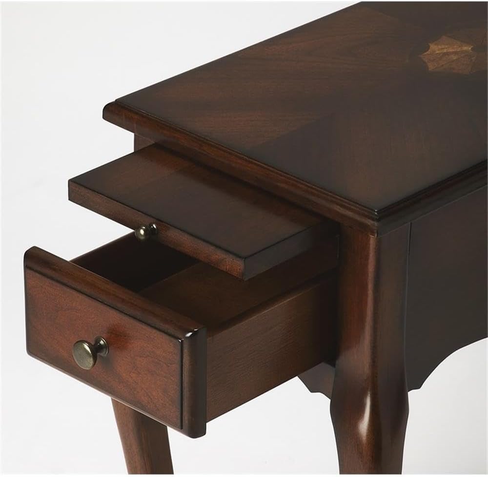 Beaumont Lane Modern Wood Chairside Table, Cherry Finish, 11.5" W x 23.5" D x 24.5" H, Rubberwood and Veneer Construction, Traditional Style, Pull-Out Drawer and Tray, Living Room End Table