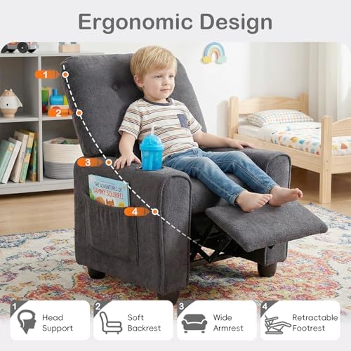 INFANS Kids Recliner, Toddler Lounge Chair with Adjustable Backrest Footrest Cup Holder Side Pockets, Velvet Leather Toddler Couch