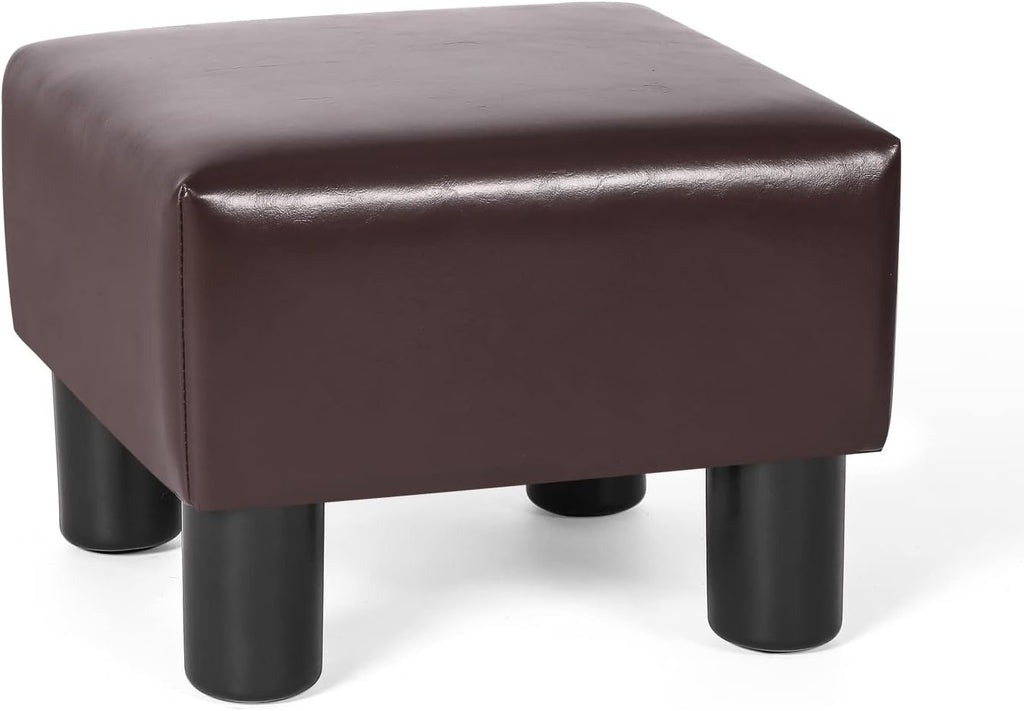 Homebeez 13" Small Footstool PU Leather Ottoman Footrest Modern Home Living Room Bedroom Square Stool with Padded Seat Plastic Legs, Dark Brown
