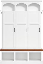 LUMISOL Farmhouse Hall Tree with 3 Hidden Storage for Hallway, Arched Design Mudroom Organizer with Walnut Bench, All-in-One Entryway Bench with Shoe Storage and 5 Hooks, White