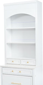 Modern 83.7inch High Kitchen Pantry, Freestanding Tall Kitchen Hutch with Faux Marble Top, Display Cupboard Cabinet with 5 Storage Drawers and Adjustable Shelf (White-073)