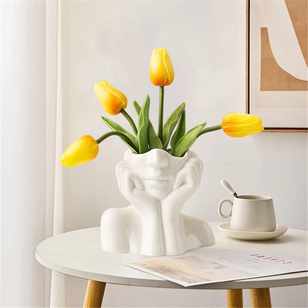 Large Ceramic Face Vase, White Flower Vases for Decor Female Form Head Half Body Vase Boho Unique Decorative Modern Style for Home Living Room Office Book Shelf (Large)