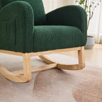 Green Sherpa Nursery Rocking Chair, Upholstered Glider with High Back & Side Pocket, Comfy Accent Armchair for Living Room Bedroom Reading Nook, Rubber Wood Legs