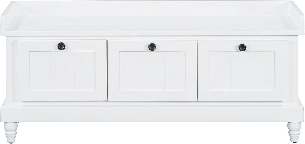 TREXM Classic Shoe Bench with Cushion & 3 Drawers, Fluted Storage Entryway Bench for Hallway, Living Room, White