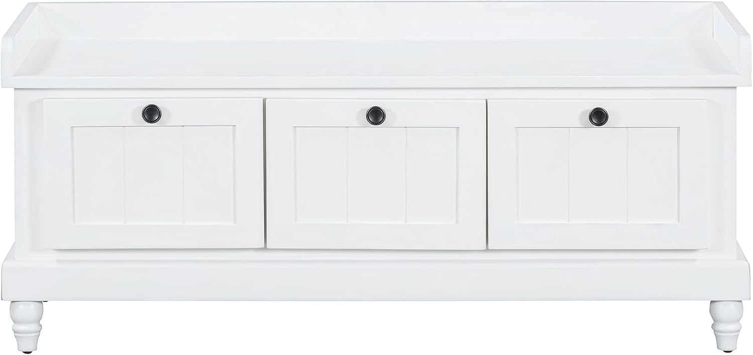 TREXM Classic Shoe Bench with Cushion & 3 Drawers, Fluted Storage Entryway Bench for Hallway, Living Room, White