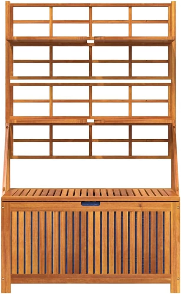 Brown Acacia Wood Outdoor Storage Box 39"x19.7"x63" with Trellis, Patio Bench for Tools/Cushions
