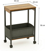 Rustic Brown Rolling Side Table with Storage Basket, Narrow End Table on Wheels for Small Spaces, 15.75" D x 9.84" W x 22.05" H Sofa Side Table with Fabric Bin for Living Room and Bedroom