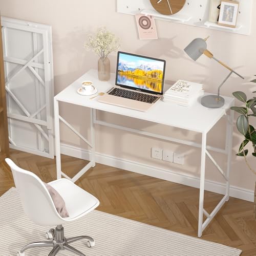Elephance Folding Desk Writing Computer Desk for Home Office No-Assembly | Study Office Desk,Foldable Table for Small Spaces,39.4 Inch,White