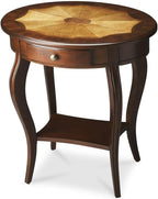 Beaumont Lane Traditional Oval Accent Table, Cherry Finish, Rubberwood and MDF Construction, 24.5"W x 18.25"D x 26.25"H, Lower Shelf, Working Drawer, Brass Hardware, Decorative Living Room Side Table