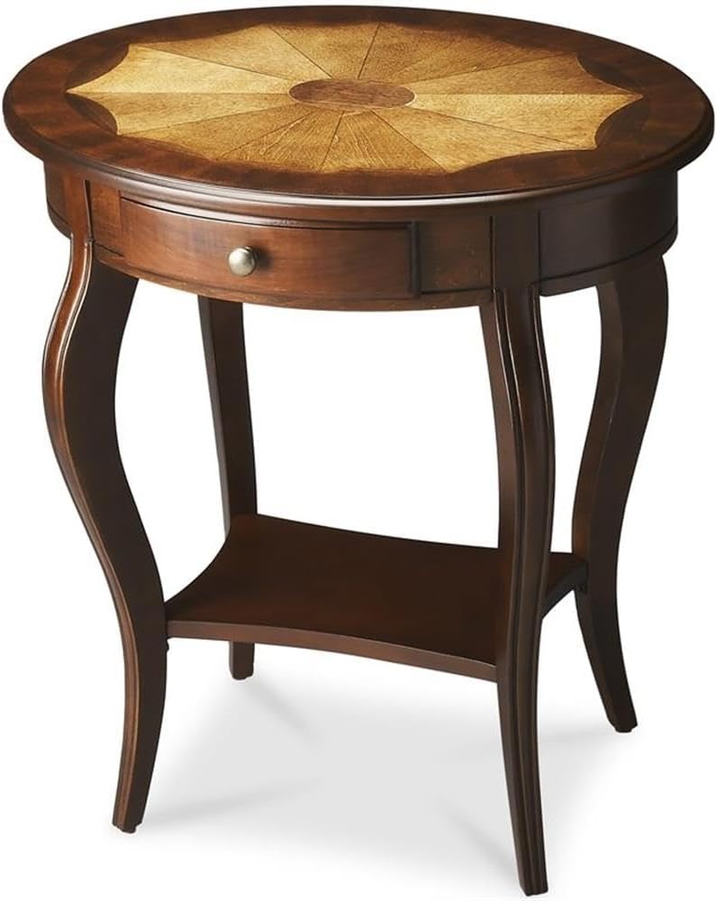 Beaumont Lane Traditional Oval Accent Table, Cherry Finish, Rubberwood and MDF Construction, 24.5"W x 18.25"D x 26.25"H, Lower Shelf, Working Drawer, Brass Hardware, Decorative Living Room Side Table