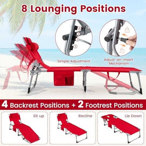Goplus Tanning Chair, Folding Adjustable Patio Lounger w/Face Arm Holes, 4-Position, 330 LBS, Removable Cushion,Carry Strap, Outdoor Sunbathing Chair, Lightweight Portable Beach Lounge Chair (1, Red)