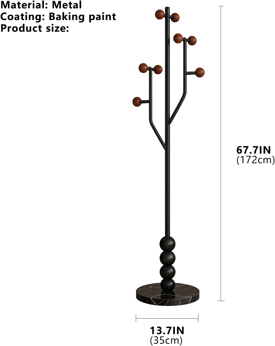 Freestanding Mid-Century Modern Tree Coat Rack | Freestanding metal rack with black marble base & wood spherical hooks for entryway, bedroom, living room