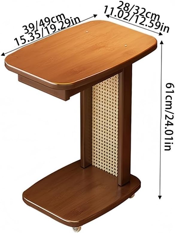 Narrow C-Shaped Side Table, Movable End Tables with Wheels, Wooden C Table with Storage for Living Room, Bedroom and Office(Brown,19.29in)
