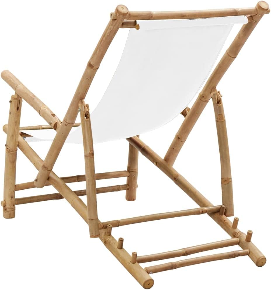 Bamboo Deck Chair, Folding Canvas Lounge Chair with Adjustable Height for Patio Garden and Balcony, Cream White Outdoor Reclining Sling Chair, Supports up to 264.6 lbs