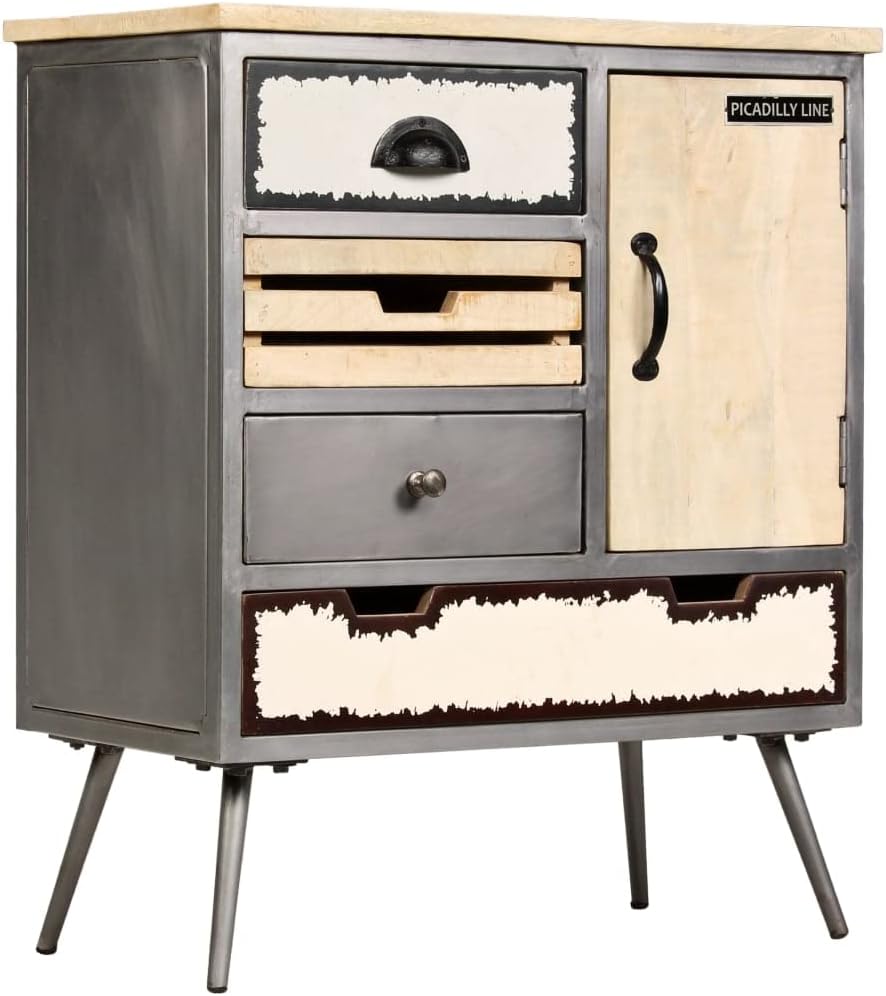 Mid-Century Modern Sideboard in Natural Mango Wood with Steel Accents, 4 Drawers and Spacious Cupboard for Living Room Dining Room Hallway Storage, Industrial Style Durable